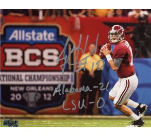 AJ McCarron Signed Alabama Crimson Tide Unframed 8x10 NCAA Photo with "Alabama 21 LSU 0" Inscription