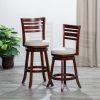 30" Bar Height Slat Back Swivel Stool, Cherry Finish, Beige Fabric Seat