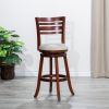 30" Bar Height Slat Back Swivel Stool, Cherry Finish, Beige Fabric Seat