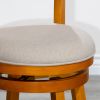 30" Bar Height Slat Back Swivel Stool, Natural Finish, Beige Fabric Seat