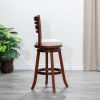 30" Bar Height Slat Back Swivel Stool, Cherry Finish, Beige Fabric Seat