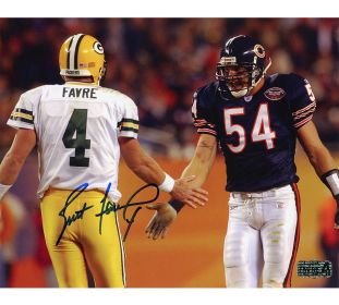 Brett Favre Signed Green Bay Packers Unframed 8x10 NFL Photo - Blue Ink With Urlacher